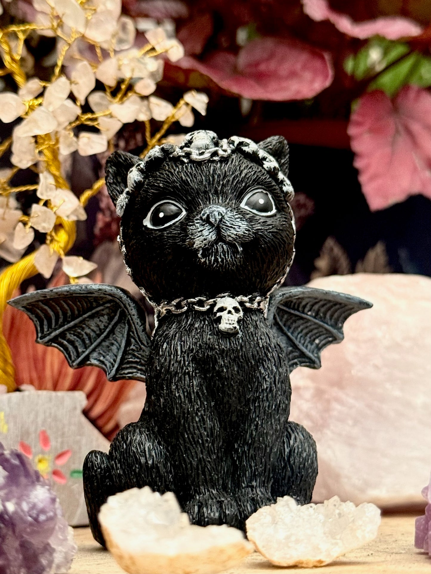 Figura esotérica - Gato Negro - Collar y Cinta de Calavera