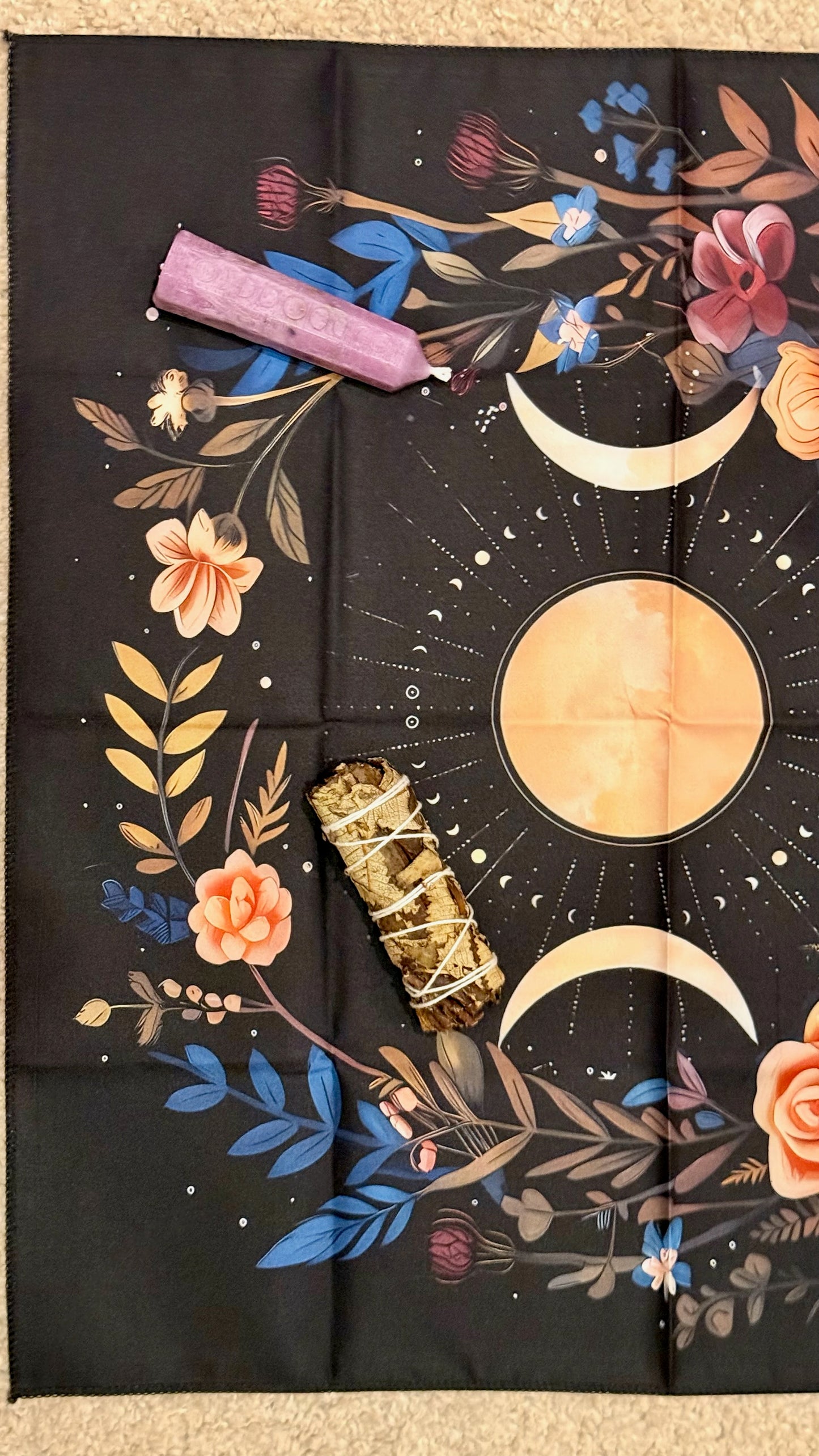 Tapete de Altar para Lectura de Tarot // Triple Luna - Flores