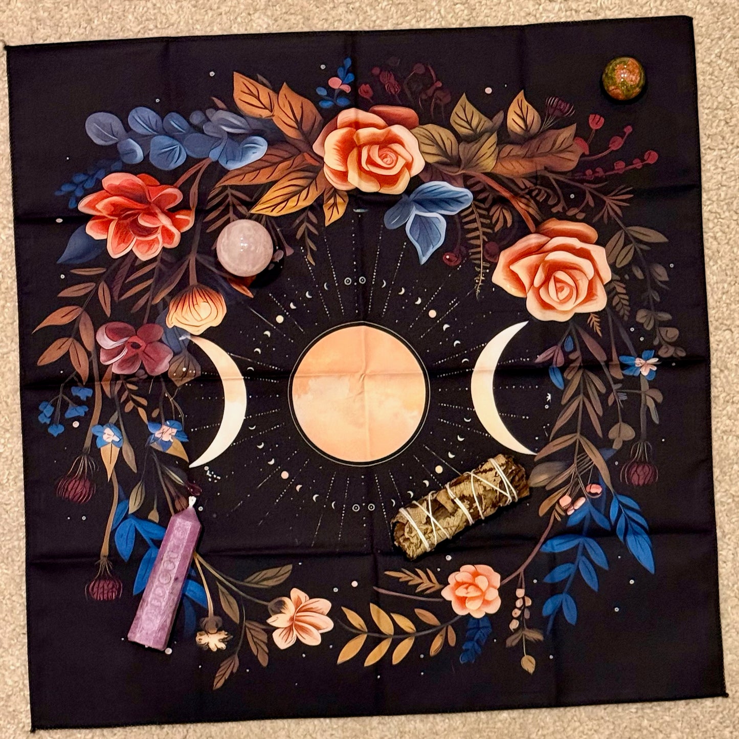 Tapete de Altar para Lectura de Tarot // Triple Luna - Flores