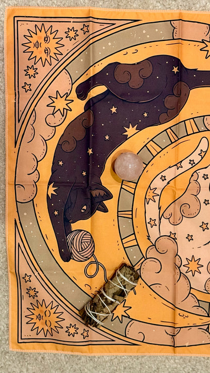 Tapete de Altar para Lectura de Tarot // Gato Negro (Luna) - Gato Blanco (Sol)