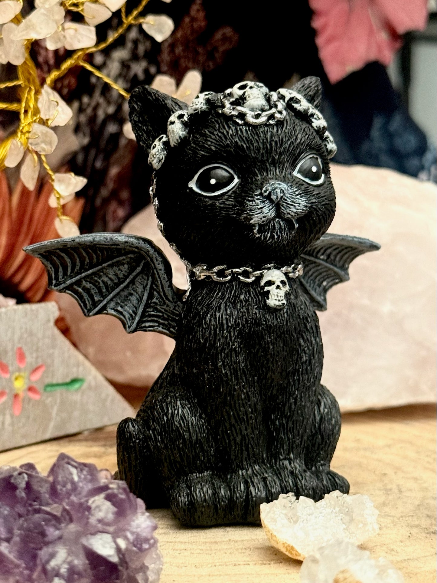 Figura esotérica - Gato Negro - Collar  y Cinta de Calavera