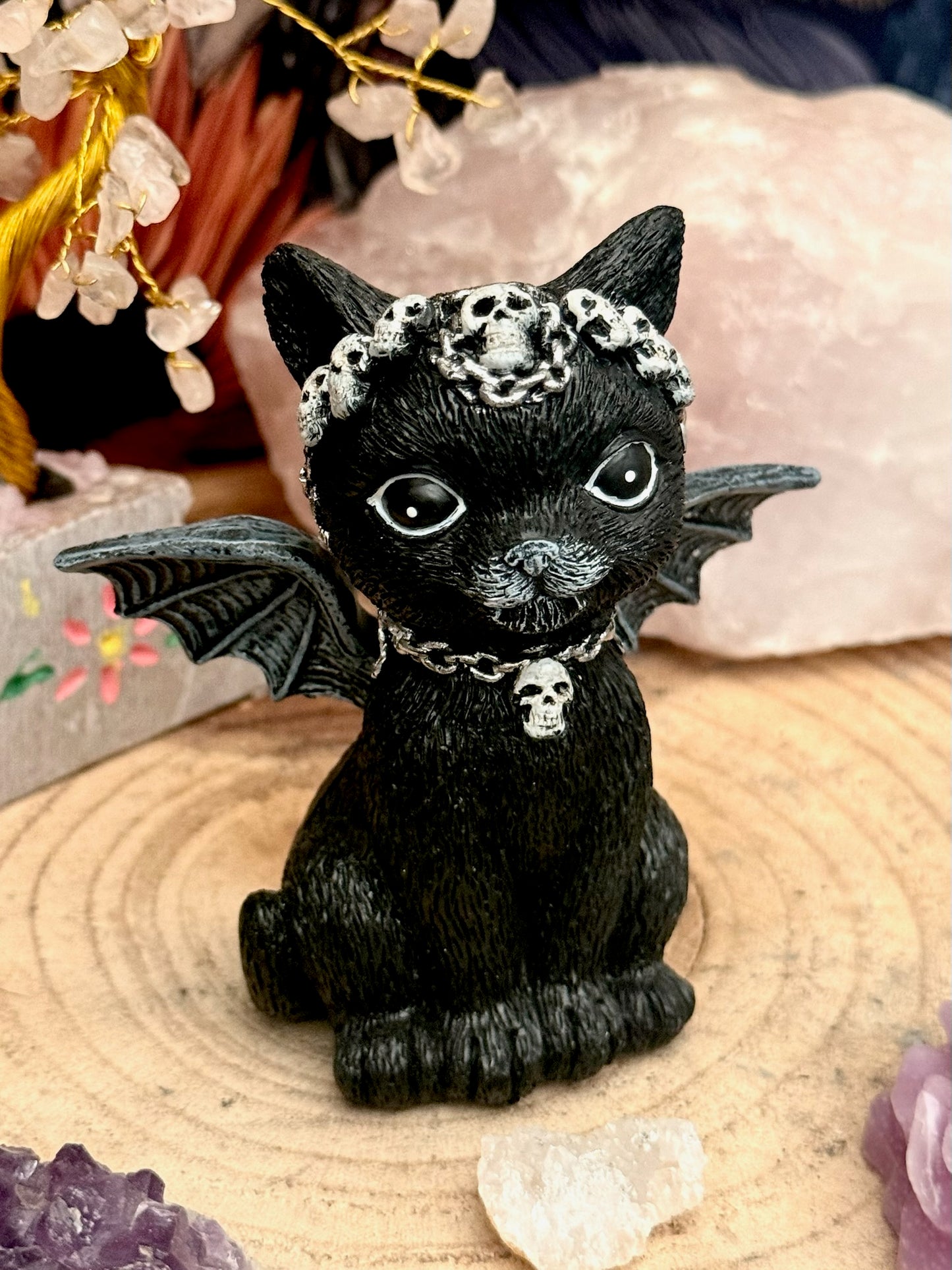 Figura esotérica - Gato Negro - Collar  y Cinta de Calavera